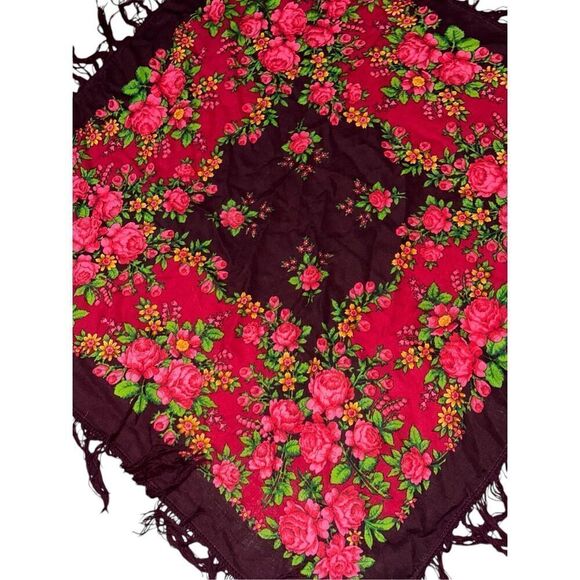 VINTAGE RARE SCARF VINTAGE AUTHENTIC FLORAL ART ROSES burgundy, GREEN approximat - Picture 4 of 6